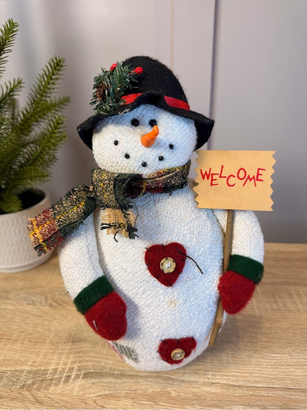 Holiday Snowman Welcome Figurine - White and Red 11”